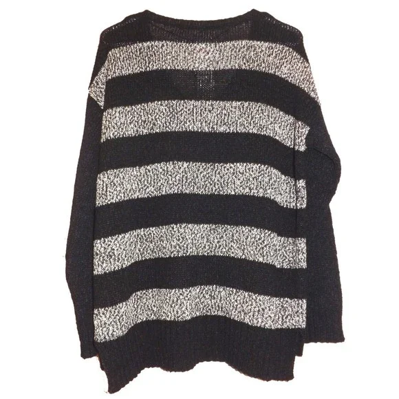 Kensie Women Sweater Black Marled Long Sleeve V-Neck Striped Medium Size - Picture 2 of 2